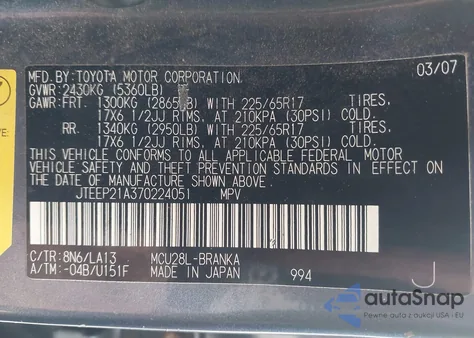 2007 Toyota Highlander Limited V6 z USA, uszkodzony, nr VIN JTEEP21A370224051